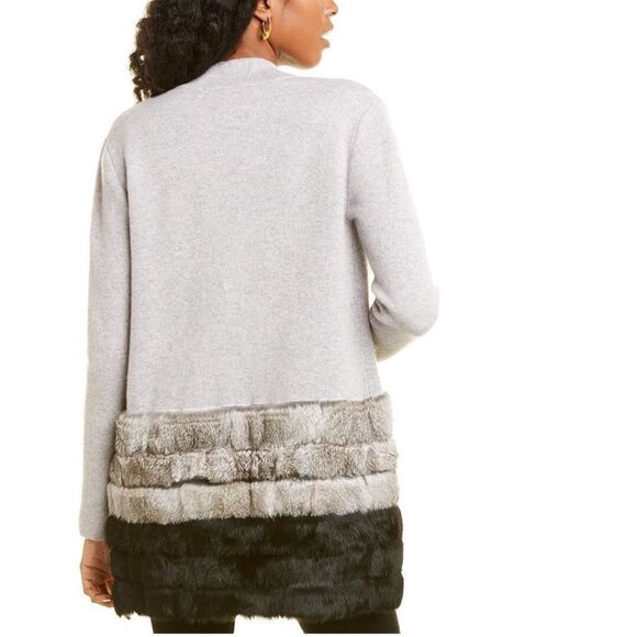 The Cashmere Project Rabbit Fur Trim Open Front Cardigan Sweater Grey XS - Picture 2 of 9